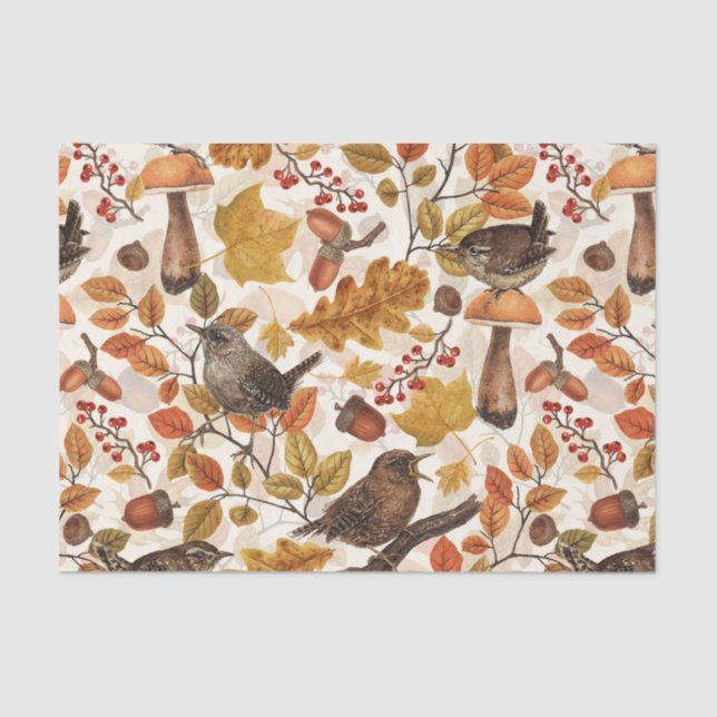 Autumn leaves, berries, mushrooms and wrens tissue paper (Front)