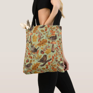 Autumn leaves, berries, mushrooms and wrens tote bag