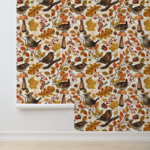 Autumn leaves, berries, mushrooms and wrens wallpaper