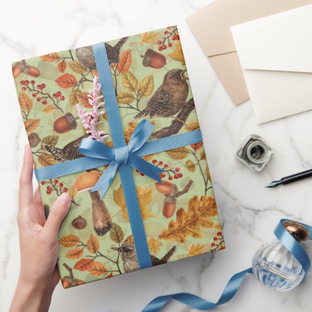 Autumn leaves, berries, mushrooms and wrens wrapping paper (Gifting)