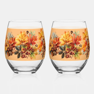 Autumn Leaves Berries Pinecones Stemless Wine Glass