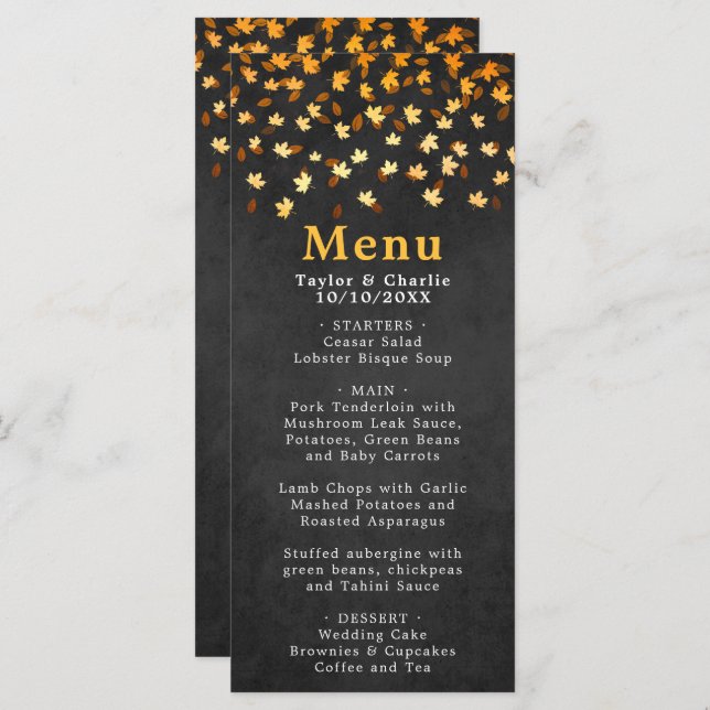 Autumn Leaves Black and Gold Wedding Menu (Front/Back)