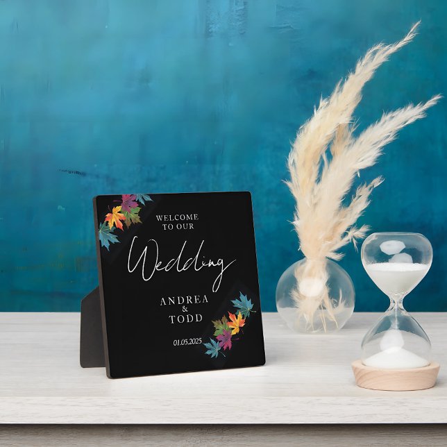Autumn leaves black contrast wedding welcome plaque (Creator Uploaded)