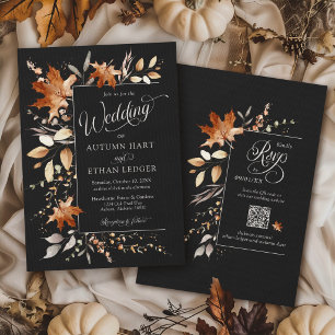 Autumn leaves Black Fall Floral Rustic Wedding Invitation
