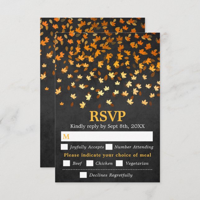 Autumn Leaves Black Grunge Wedding Meal Choice RSVP Card (Front/Back)