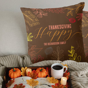 Autumn Leaves Branches and Berries Thanksgiving Cushion