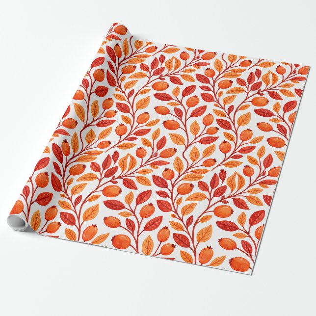 Autumn Leaves Branches Botanical Pattern Wrapping Paper (Unrolled)
