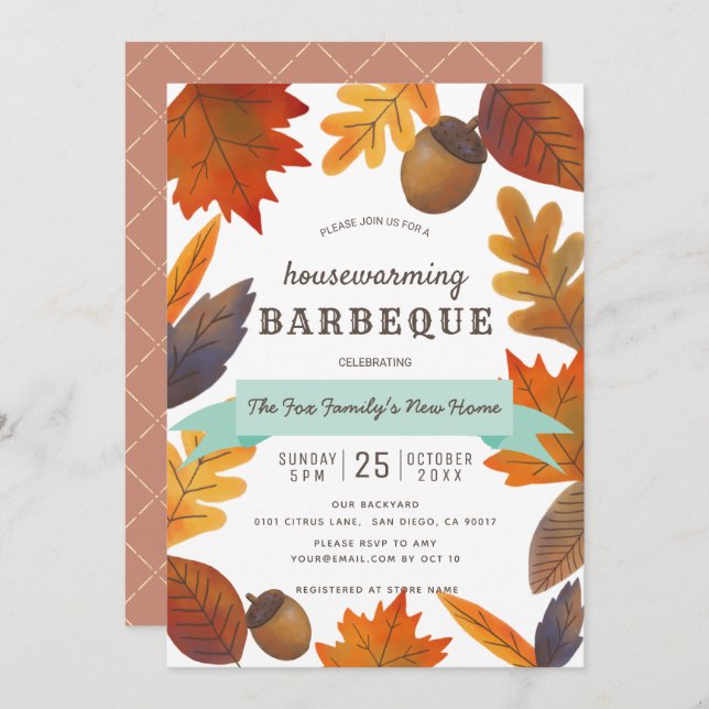 Autumn Leaves Brown Housewarming BBQ Invitation (Front/Back)
