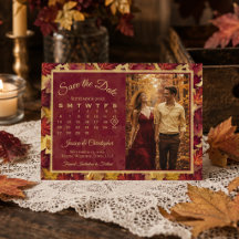 Autumn Leaves Burgundy Calendar & Photo Wedding