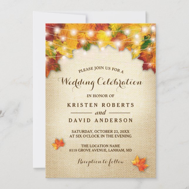 Autumn Leaves Burlap String Lights Fall Wedding Invitation (Front)