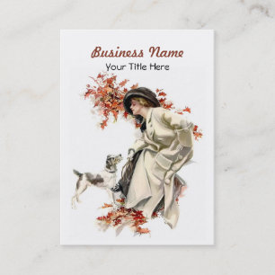 Autumn Leaves Business Card Lady and Dog