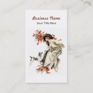 Autumn Leaves Business Card Lady and Dog