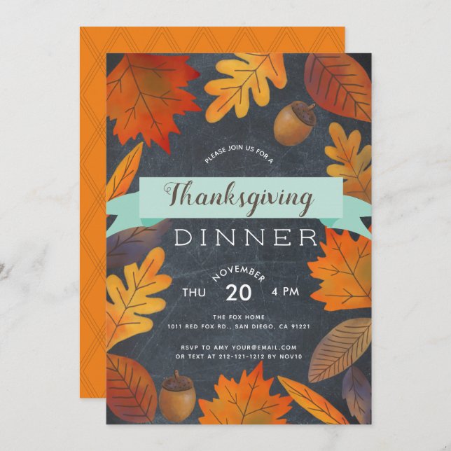 Autumn Leaves ChalkboardThanksgiving Dinner Invitation (Front/Back)