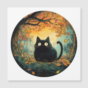 Autumn leaves cosy fall black cat in the magic for magnetic invitation