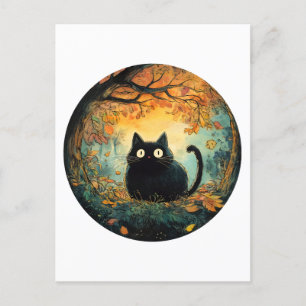 Autumn leaves cosy fall black cat in the magic for postcard