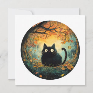 Autumn leaves cosy fall black cat in the magic for thank you card