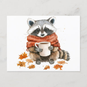 Autumn leaves cosy fall racoon with cup of coffee invitation postcard