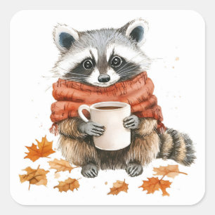 Autumn leaves cosy fall racoon with cup of coffee square sticker