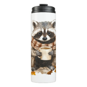 Autumn leaves cosy racoon with cup of coffee