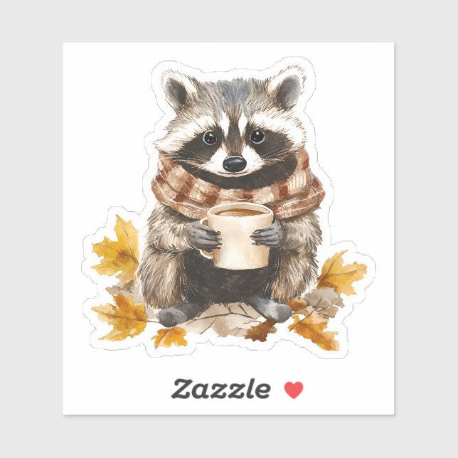 Autumn leaves cosy racoon with cup of coffee (Sheet)