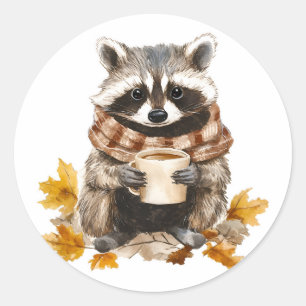 Autumn leaves cosy racoon with cup of coffee classic round sticker