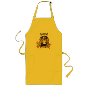 Autumn leaves cosy racoon with cup of coffee long apron