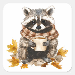 Autumn leaves cosy racoon with cup of coffee square sticker