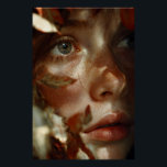 Autumn Leaves Crown Freckled Portrait Poster<br><div class="desc">A young woman with luminous freckled skin gazes upward in soft wonder, her face gently framed by a crown of warm amber, rust, and burnt-orange autumn leaves. Golden-hour light caresses every detail—subtle veins in the foliage, delicate freckles across her cheeks, and the natural sheen on her full lips—while creamy bokeh...</div>