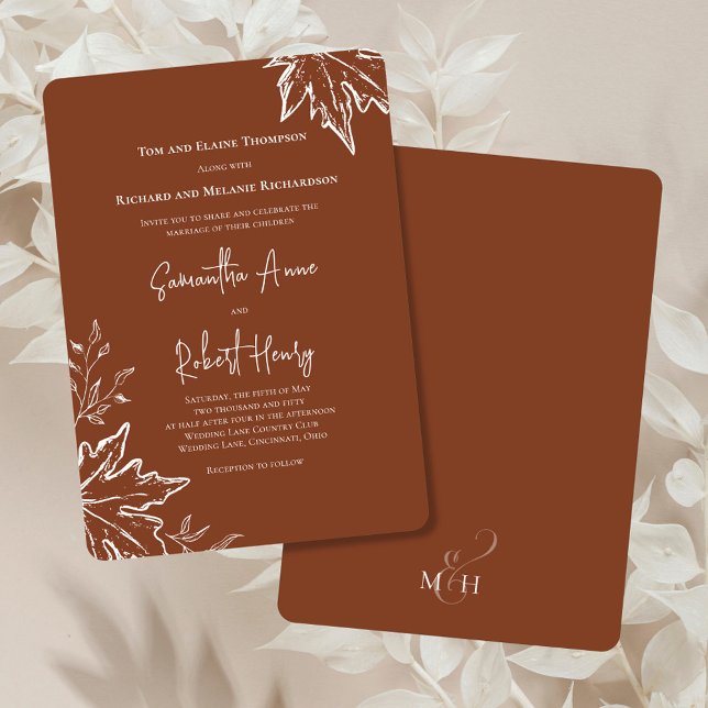 Autumn Leaves Custom Fall Wedding  Invitation (Burgundy wedding invitation with fall leaves. )