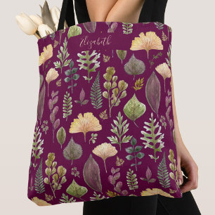 Autumn Leaves Custom Name Burgundy Tote Bag