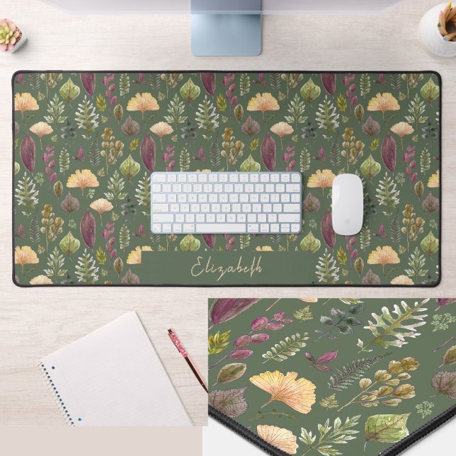 Autumn Leaves Custom Name Green Desk Mat (Creator Uploaded)