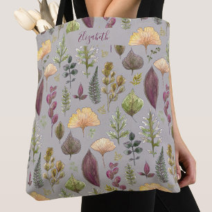 Autumn Leaves Custom Name Grey Tote Bag