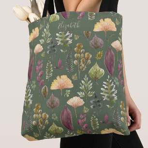 Autumn Leaves Custom Name Sage Green Tote Bag