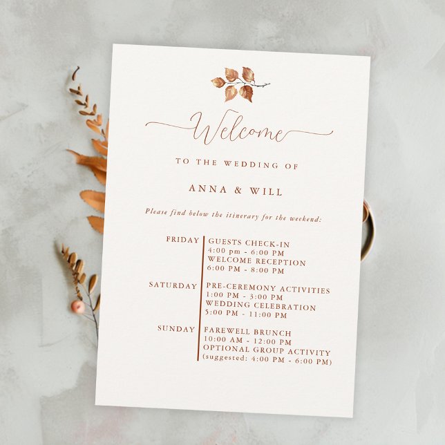 Autumn Leaves Elegant Boho Fall Wedding Itinerary Invitation (autumn fall wedding itinerary elegant bohemian terracotta calligraphy modern simple leaves foliage)