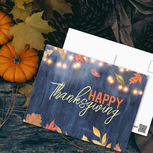 Autumn Leaves Fairy Lights On Wood Thanksgiving Postcard