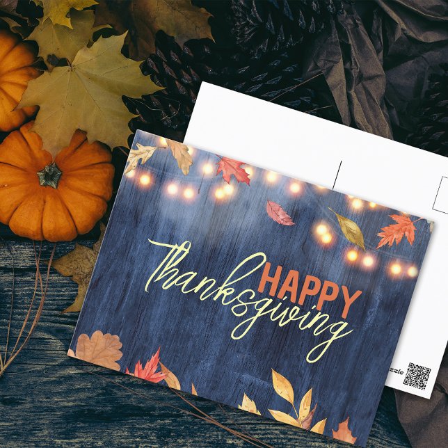 Autumn Leaves Fairy Lights On Wood Thanksgiving Postcard (Creator Uploaded)