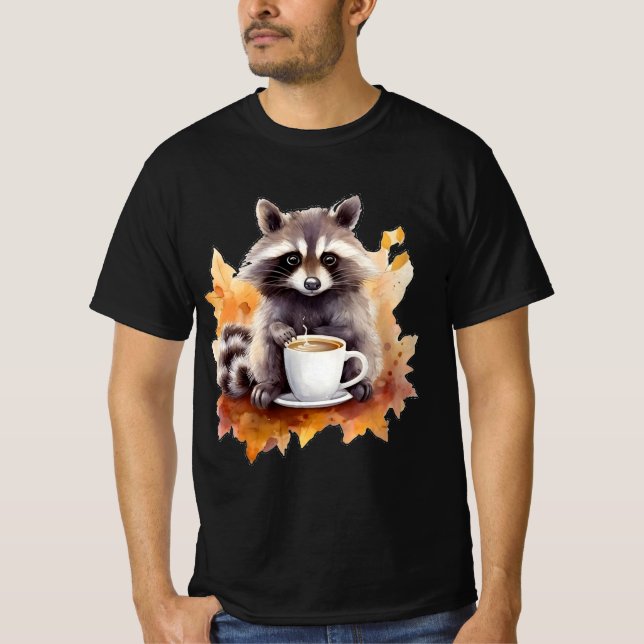Autumn leaves fall cute racoon with cup of coffee T-Shirt (Front)