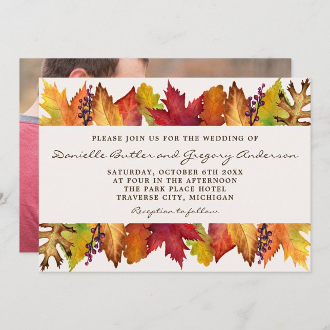 Autumn Leaves Fall Photo Wedding Invitation (Front/Back)