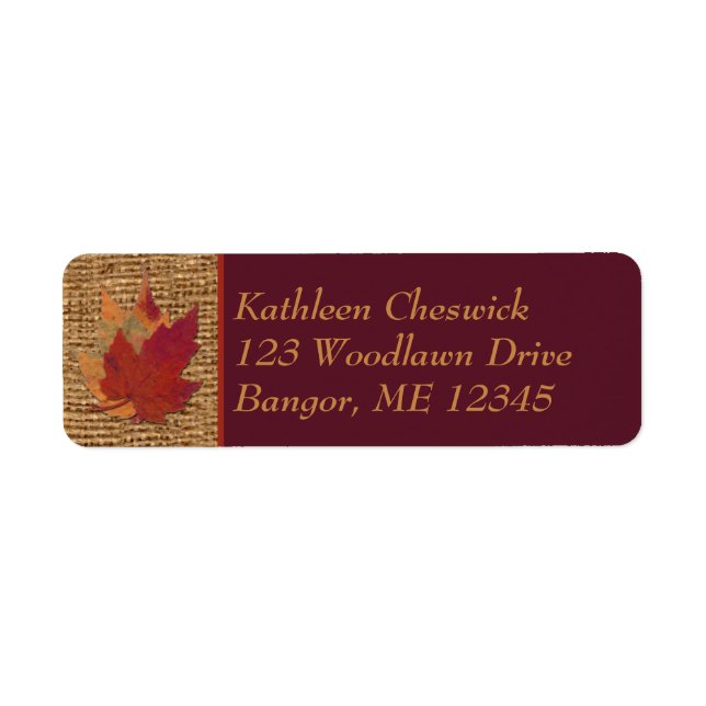 Autumn Leaves, FAUX Burlap Return Address Label 2 (Front)