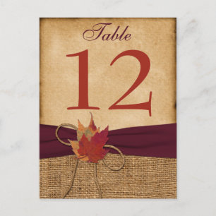 Autumn Leaves FAUX Burlap Table Number Card - Wine