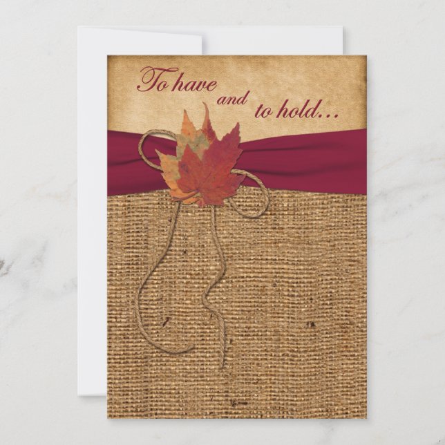 Autumn Leaves, FAUX Burlap Wedding Invitation -Red (Front)