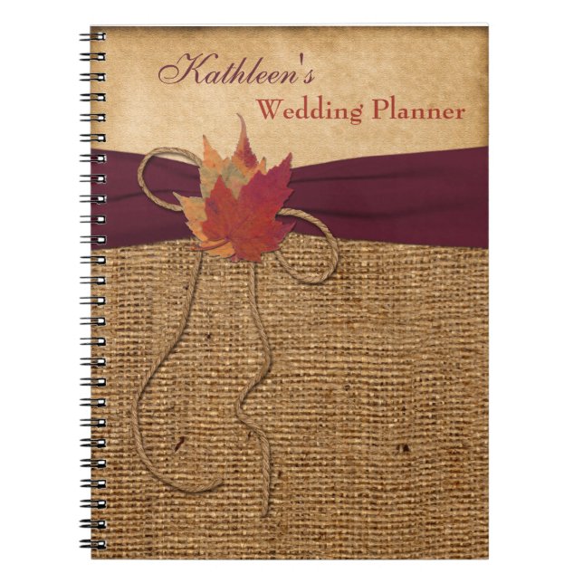 Autumn Leaves FAUX Burlap Wedding Planner - Wine Spiral Notebook (Front)