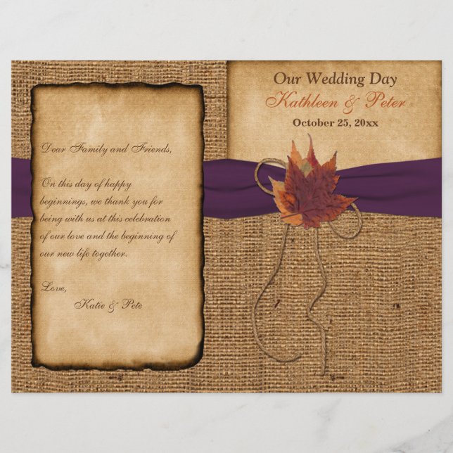 Autumn Leaves, FAUX Burlap Wedding Program (Front)