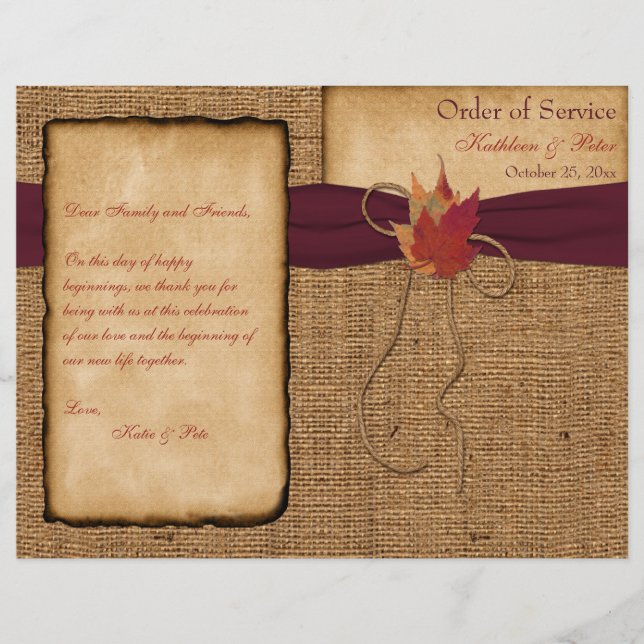 Autumn Leaves, FAUX Burlap Wedding Program - Wine (Front)