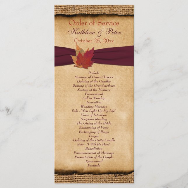 Autumn Leaves FAUX Burlap Wedding Program - Wine Programme (Front)