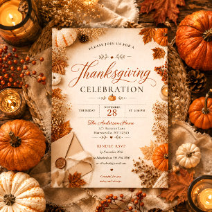 Autumn Leaves Floral Orange Pumpkins Thanksgiving Invitation