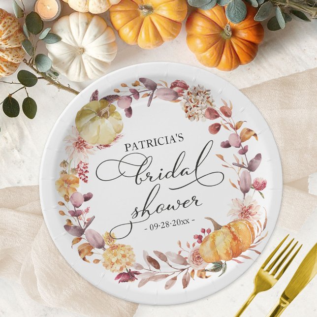 Autumn Leaves Floral Pumpkin Fall Bridal Shower Paper Plate (Creator Uploaded)