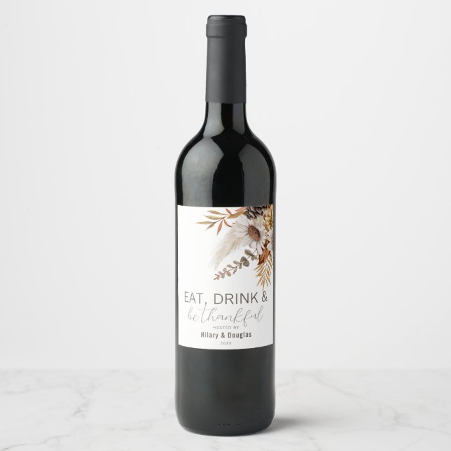 Autumn Leaves & Floral Thanksgiving Wine Label (Front)