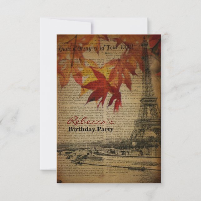 autumn leaves french vintage paris birthday party invitation (Front)