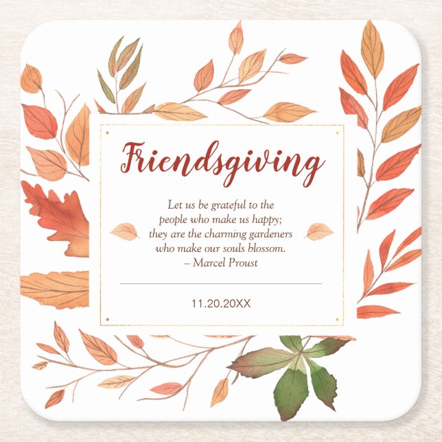 Autumn Leaves Friendsgiving Thanksgiving Dinner Square Paper Coaster (Front)